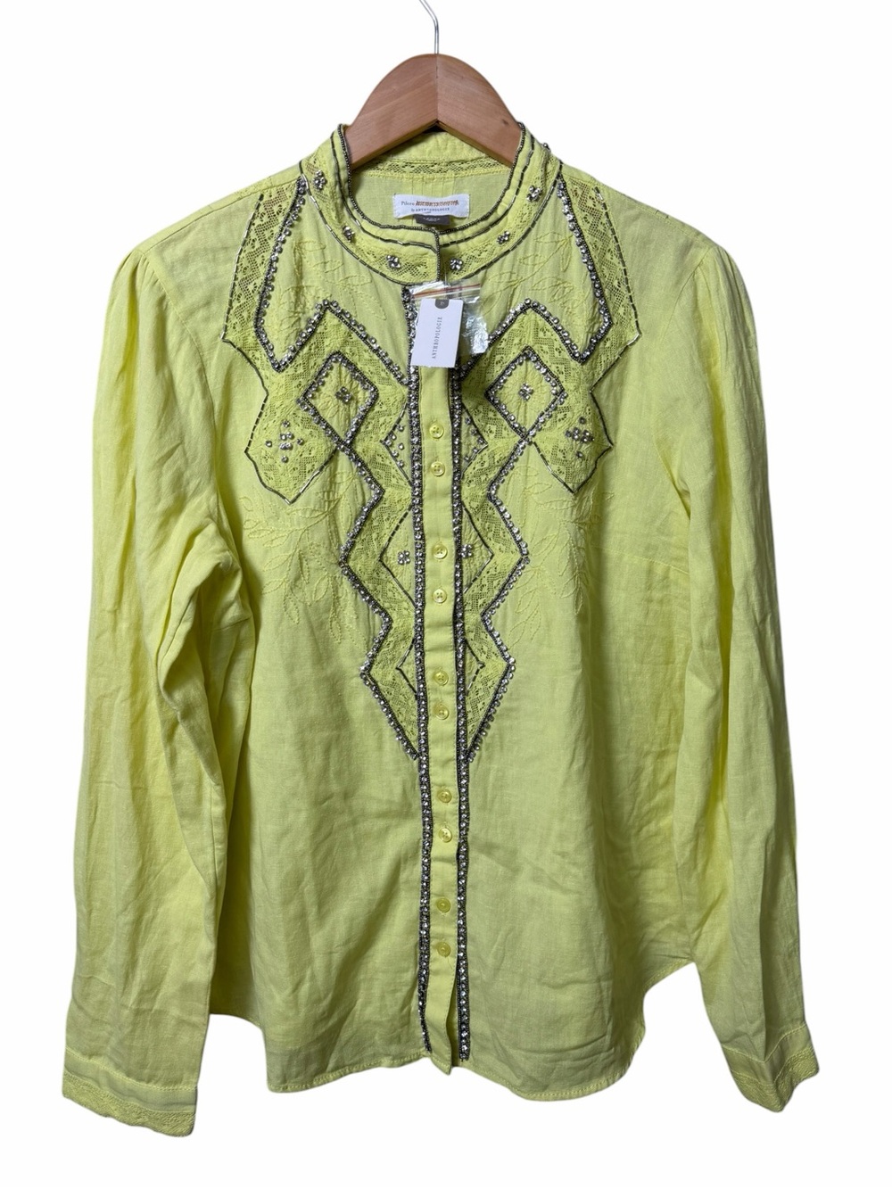 New Pilcro Anthropologie Nayeli Beaded Buttondown Top Chartreuse Size Large